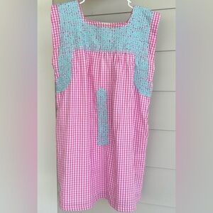 J.Marie Pink Gingham Dress with Aqua Crochet Trim